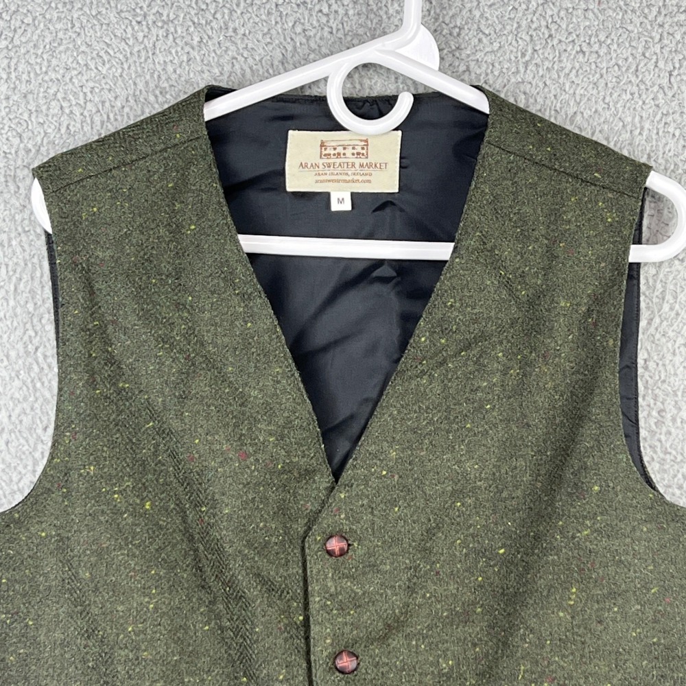 Aran Sweater Market Mens Donegal Tweed Wool Vest Green Waistcoat Ireland Size M - Picture 2 of 14